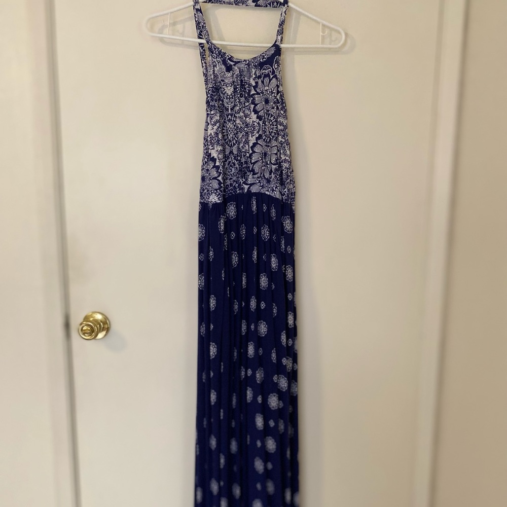 Backless blue and white maxi dress